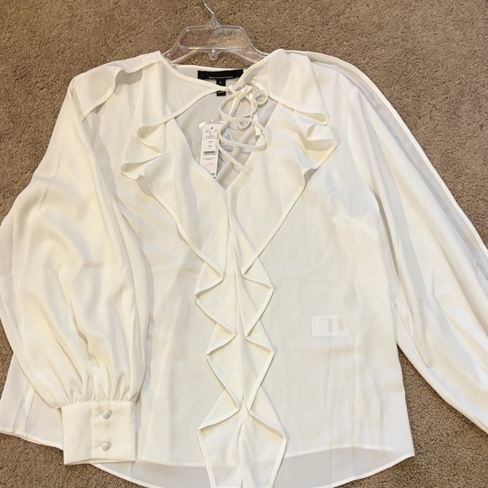 Elegant White House Black Market White Ruffle, tie @ neck Women's Blouse